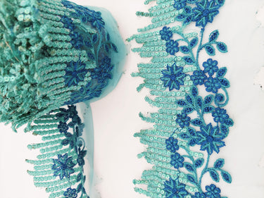 Cyan Blue Net Scallop Lace Trim with Navy Blue Floral Embroidery And Blue Sequins, Sari Border, Embroidered Trim